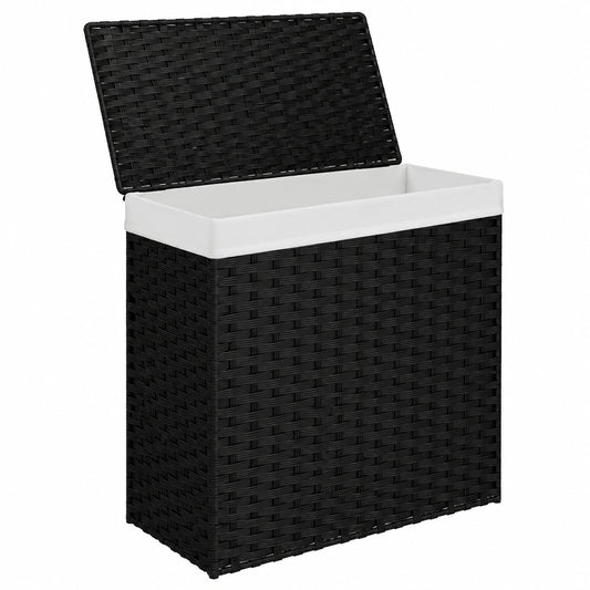 Homgoday Polyrattan Wäschekorb 2 Fächer Schwarz 53x35x57 cm für Wohnzimmer & Büro