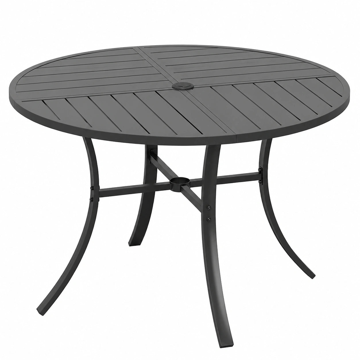 Runder Gartentisch aus Metall, 108 cm, wetterfest mit Schirmloch, ideal für Terrasse und Balkon, Platz für 4 Personen, schwarz