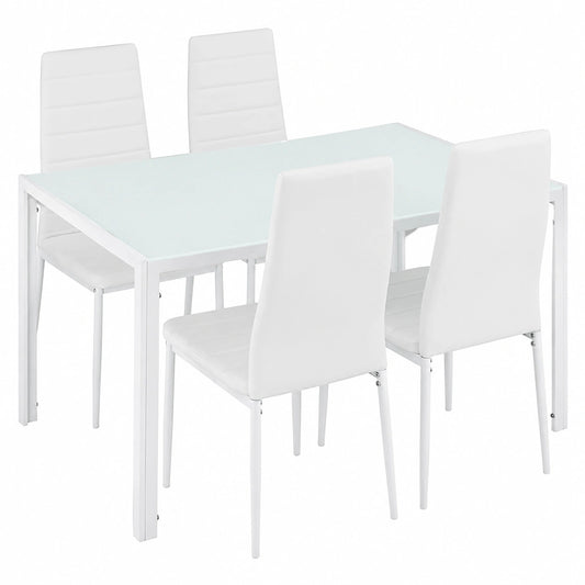 Moderne Essgruppe mit Sicherheitsglas-Tisch und Kunstlederstühlen, Weiß