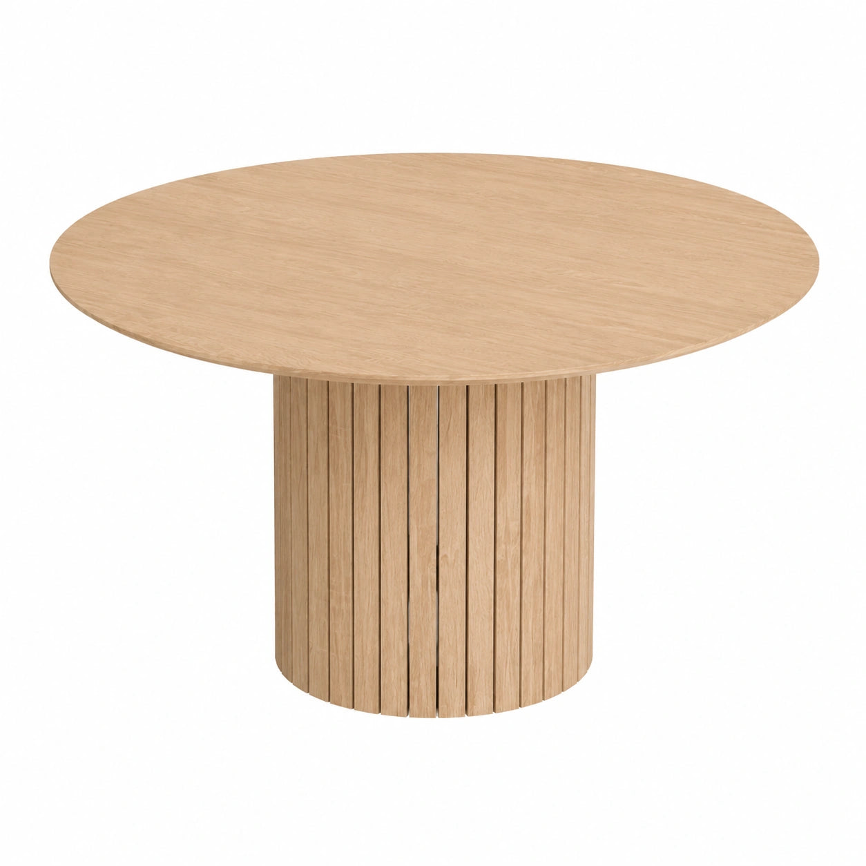 Runder Esstisch im Wabi-Sabi-Stil, hellbraun mit Holzoptik, zylindrische Basis, 120x120x76 cm