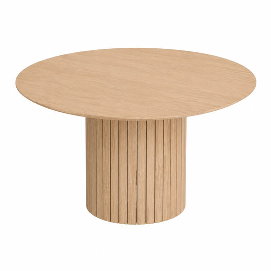 Runder Esstisch im Wabi-Sabi-Stil, hellbraun mit Holzoptik, zylindrische Basis, 120x120x76 cm