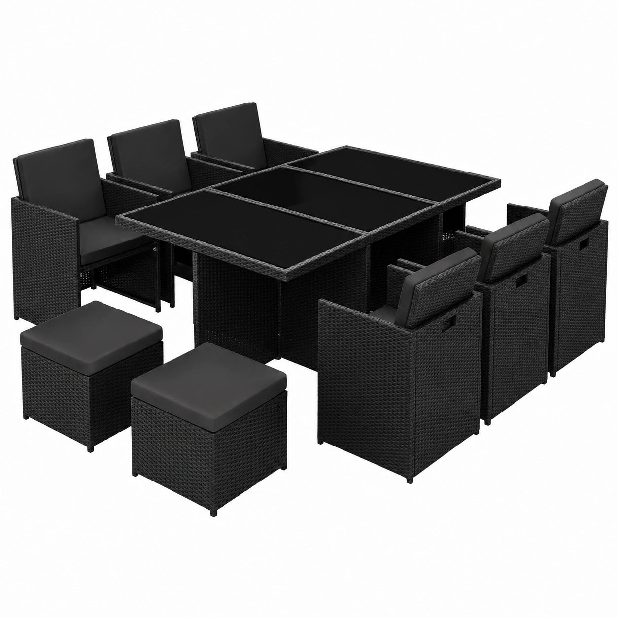 Tectake® Polyrattan Gartenmöbel für 10 Personen, Klappbare Sitzgruppe mit Aluminiumgestell, Inklusive Sitzkissen, Schwarz