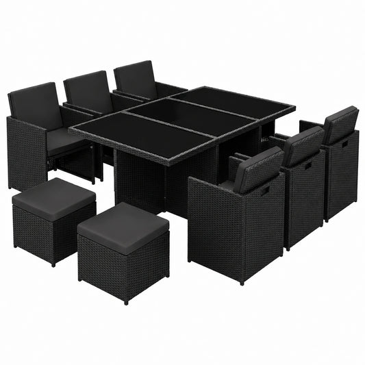 Tectake® Polyrattan Gartenmöbel für 10 Personen, Klappbare Sitzgruppe mit Aluminiumgestell, Inklusive Sitzkissen, Schwarz
