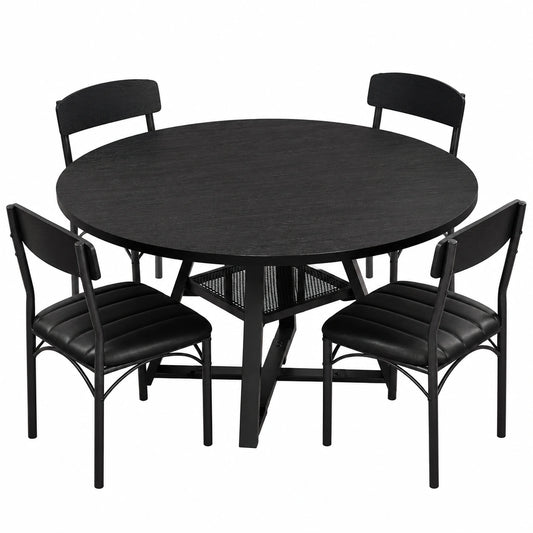 Modernes Esszimmer-Set: Runder Tisch mit 4 Stühlen, 5-teilig, für Küche und Wohnzimmer, schwarz