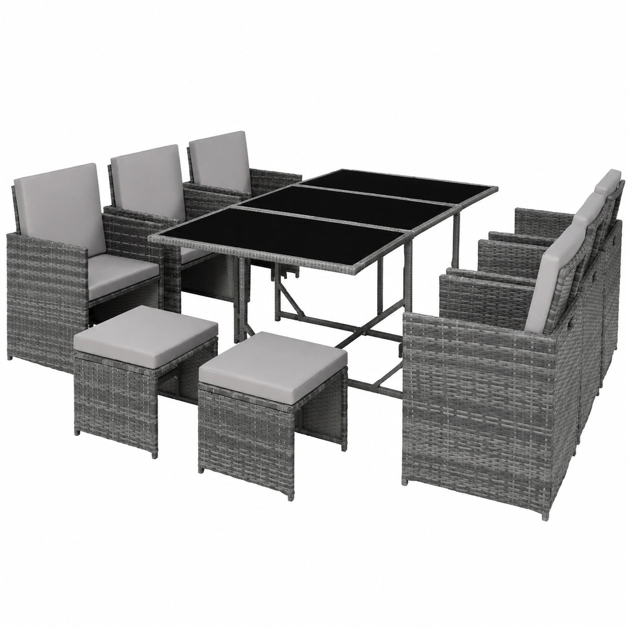 Moderner Gartenmöbel-Set aus Poly Rattan, wetterfest und platzsparend, mit Tisch und Sitzmöglichkeiten für 10 Personen - Grau