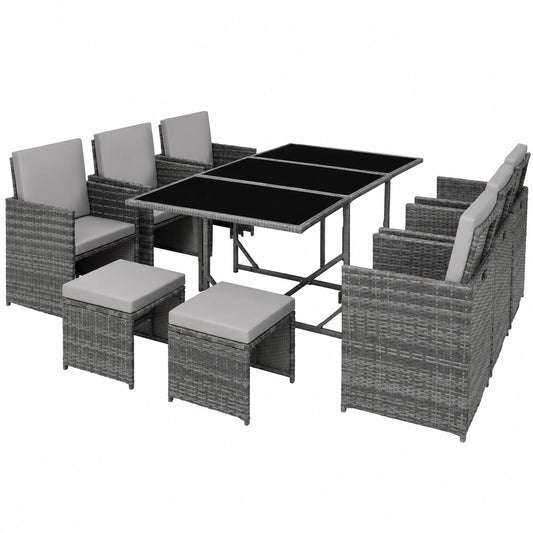 Moderner Gartenmöbel-Set aus Poly Rattan, wetterfest und platzsparend, mit Tisch und Sitzmöglichkeiten für 10 Personen - Grau