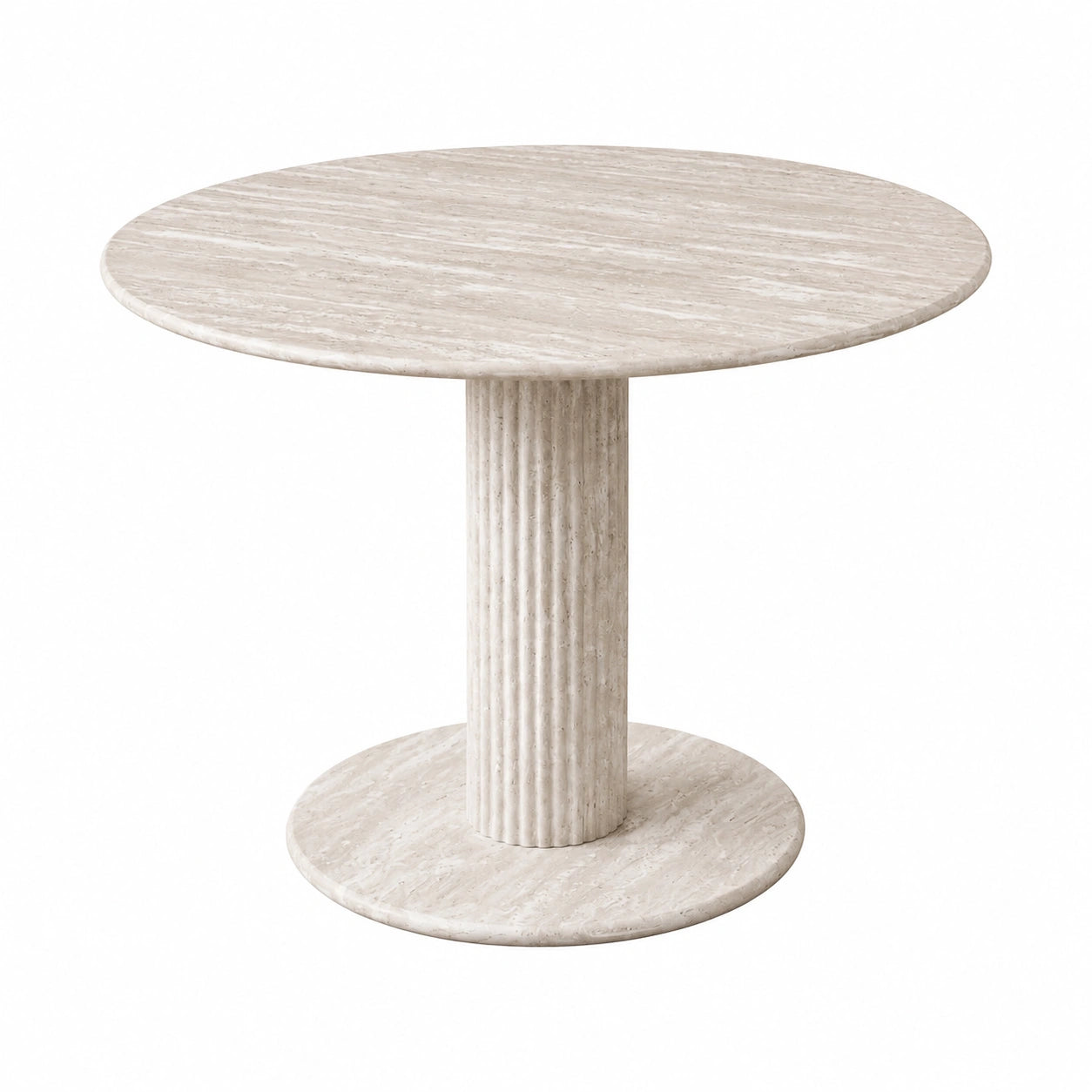 Moderner runder Esstisch in Marmoroptik mit zylindrischen Beinen, Grauer Travertin, 115 x 115 x 75 cm, für Wohnzimmer oder Küche