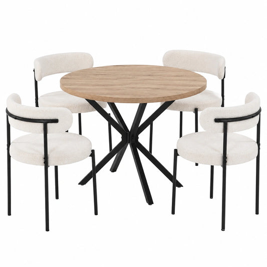 Runder 100 cm Esstisch mit 4 Stühlen, Set für Küche, Wohnzimmer, Balkon, Büro & Restaurant, Holzoptik Hell/Weiß