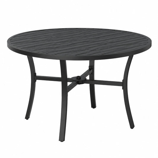 Wetterfester runder Gartentisch mit Schirmloch, Ø 110 cm, für 2-4 Personen, Balkon & Terrasse, Metallrahmen, Schwarz